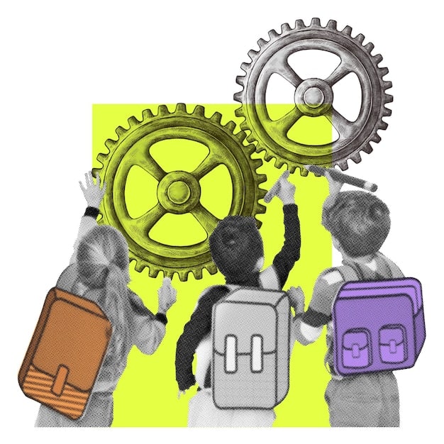 A visual representation of criteria used in book reviews, such as plot, character development, writing style, and thematic relevance, depicted as interlocking gears.