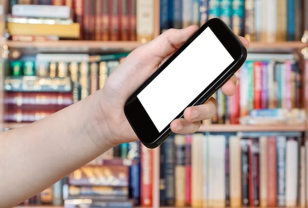 A hand holding a smartphone displaying a book discount code. The background is blurred, with subtle images of books and bookshelves.