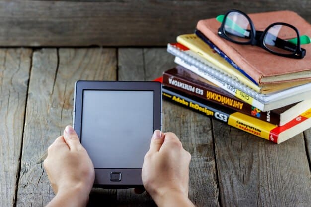 A person using a tablet to read book reviews. The focus is on the tablet screen displaying a well-organized book review roundup, with different book covers and snippets of reviews visible.