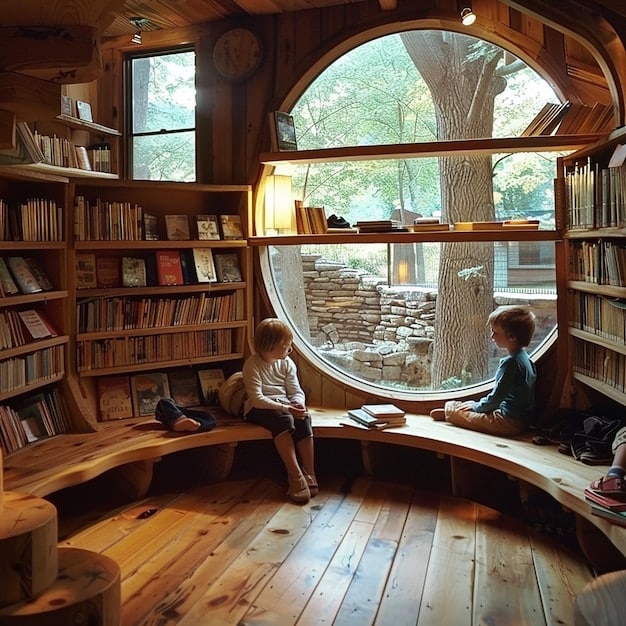 A person is holding a magnifying glass over a book review, actively analyzing the text. The environment is a cozy library setting, with shelves filled with books in the background.