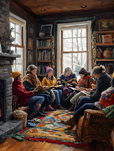 A vibrant image showing a diverse group of people sitting in a cozy library or bookstore, some reading, some discussing, and others writing in notebooks. The scene is warm and inviting, with soft lighting and shelves filled with books in the background. The focus is on the interaction and community aspect of reading and reviewing.