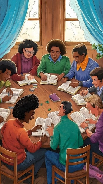 A diverse group of people are gathered around a table, holding books and engaging in a lively discussion. Some are smiling and laughing, while others are deep in thought. The setting is a comfortable and inviting space, suggesting a close-knit community that enjoys sharing their literary experiences.