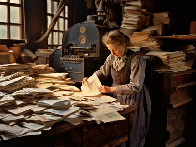 Seraphina Dubois at her writing desk, surrounded by historical archives and documents, intensely focused on her writing. The setting suggests a dedication to research and accuracy in her historical fiction.