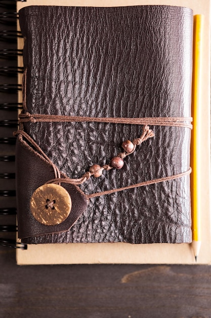 A close-up photograph of an old, leather-bound copy of 
