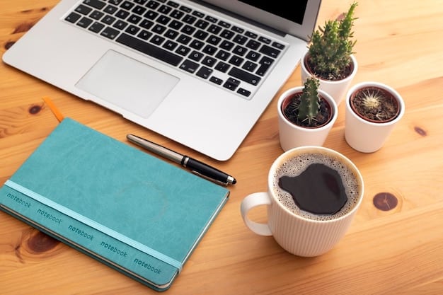 A minimalist desk setup with a laptop, notebook, pen, and a cup of coffee. The scene is clean and organized, suggesting a conducive environment for focused writing. The natural light from a nearby window creates a warm and inviting atmosphere.