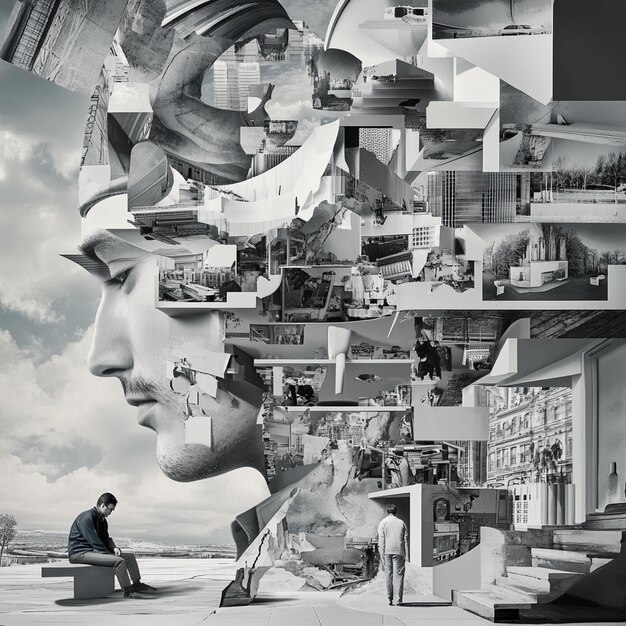 A digital collage showing keywords like 