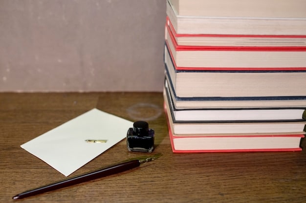 A close-up of an author's desk showing handwritten notes scattered among stacks of books. A vintage typewriter sits in the background, illuminated by a soft lamp. A half-empty cup of tea nearby adds to the cozy atmosphere.