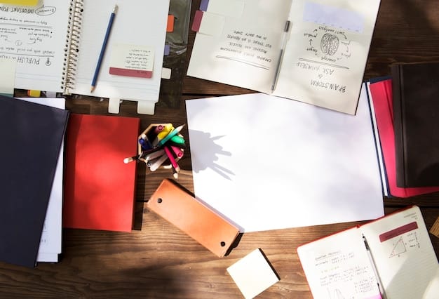 A writer's desk cluttered with papers, notebooks, and various writing tools. A half-finished manuscript is visible, along with a steaming cup of coffee. The scene conveys a sense of creative chaos and dedicated work.