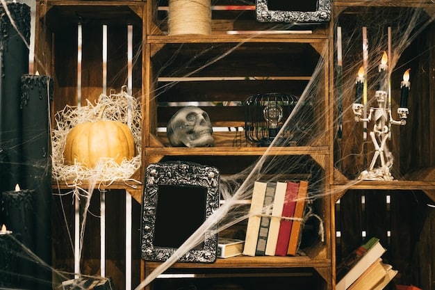 A vintage bookshelf filled with classic horror novels by H.P. Lovecraft, Shirley Jackson, and Richard Matheson. The scene is dimly lit to create a spooky atmosphere.