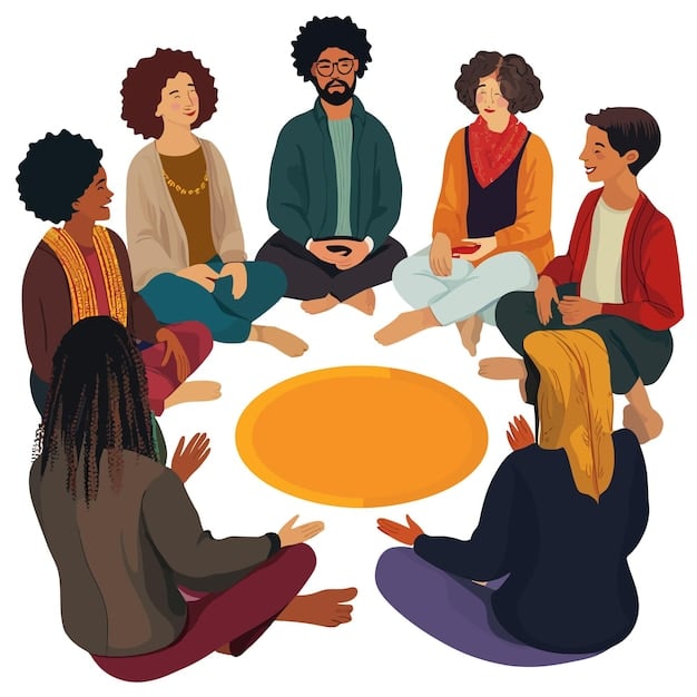 A group of people of various ethnicities and ages sitting together in a circle, seemingly engaged in a deep conversation, illustrating empathy and understanding.