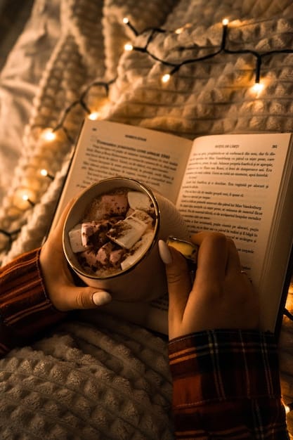 A close-up shot of a person's hands holding an open book, with a warm cup of coffee next to it. The background is blurred creating a cozy and inviting atmosphere, highlighting the joy of reading.