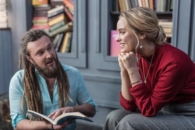 A close-up shot of two people in a book club, one listening intently to the other, showcasing active listening skills.