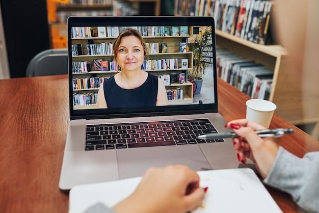 A laptop screen displaying a video call with an author, surrounded by book club members listening attentively and taking notes. The room is well-lit and decorated with bookshelves and literary posters.