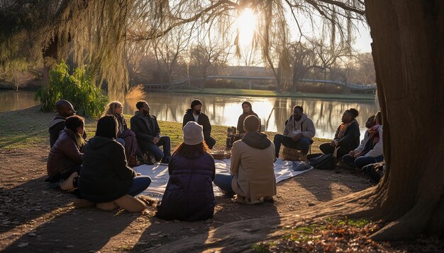 An outdoor book club meeting in a garden setting, with participants sitting in a circle, some holding books and notebooks, and engaging in animated conversation, showcasing a relaxed and inviting atmosphere.