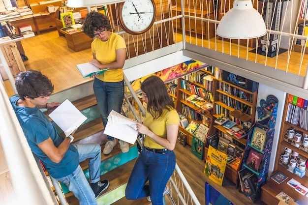 A cozy interior of a used bookstore, with shelves filled with books of various sizes and colors. A person is browsing through the shelves, carefully examining a book.