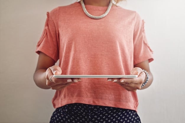 A person holding a tablet with an open book club forum page. Members are actively posting comments and sharing their thoughts on the current book. The background shows a blurred image of a bookshelf, emphasizing the literary theme.