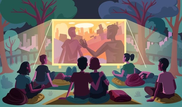 A projector displaying a relevant scene from a movie adaptation of a book, with book club members watching attentively and engaged in discussion.