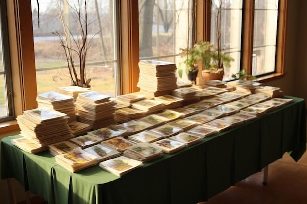 A table set up at an author event, neatly stacked with copies of the author's book. There's a sign with the author's name and the title of the book.