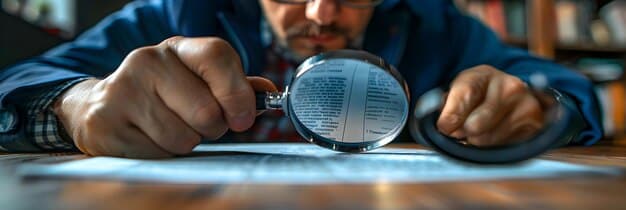 An author carefully reviewing a contract with a magnifying glass, highlighting key sections related to compensation and rights. The scene evokes a sense of diligence and attention to detail.