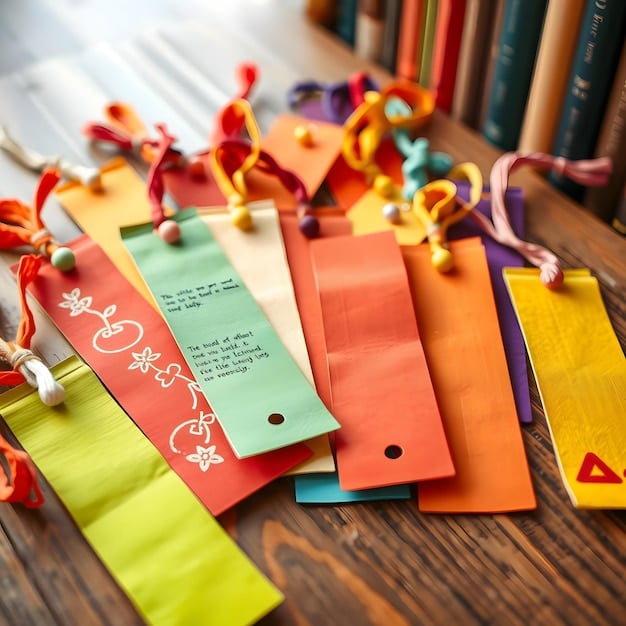 A close-up shot of a variety of personalized bookmarks, each featuring different book covers, quotes, and design elements. The bookmarks are arranged artfully on a wooden surface, highlighting their unique characteristics and visual appeal.