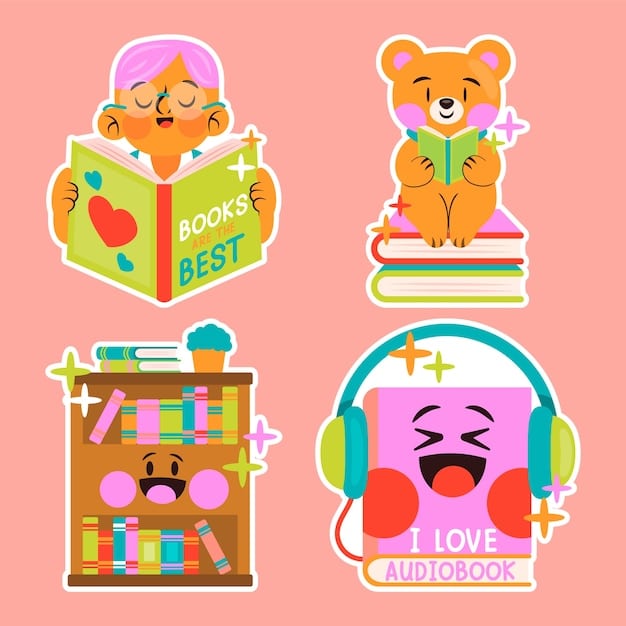 A colorful arrangement of custom-designed stickers featuring different book covers, characters, and quotes. The stickers are scattered artfully on a bright, textured background, showcasing their vibrant colors and unique designs.