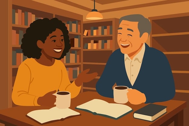 An author sitting at a table, signing books and engaging in conversation with an attendee. Both are smiling, creating a warm and personal atmosphere.