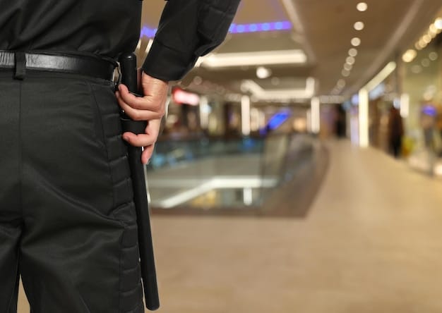 A close-up of a security guard discreetly observing a crowd at an author event. The guard is positioned near the entrance, scanning attendees and remaining vigilant for any suspicious behavior.