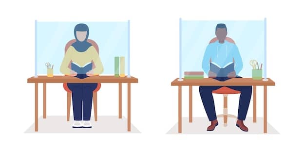 An author seated at a signing table, engaging with a reader. A clear barrier is visible between the author and the attendees to maintain personal space. A security guard stands a short distance away, unobtrusively monitoring the interaction.
