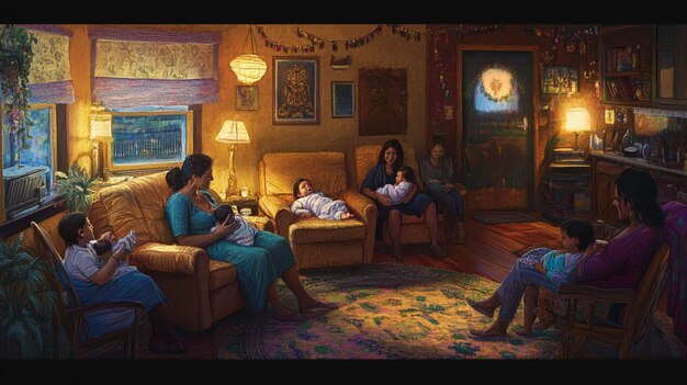A group of diverse individuals sitting in a cozy living room, engaged in animated discussion during a book club meeting.