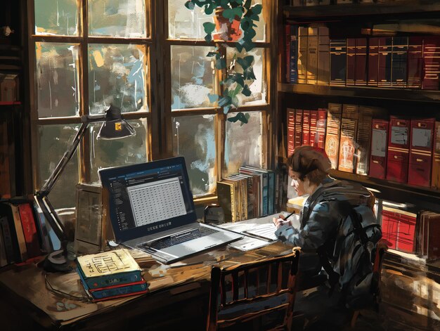 A writer at a desk with an open laptop and stacks of books, contemplating a concept map on a whiteboard that connects literary themes to cinematic scenes.