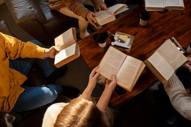 A book club meeting in progress, with diverse individuals actively listening and speaking, hands gesturing, and books open on a table. The atmosphere is warm and intellectual.