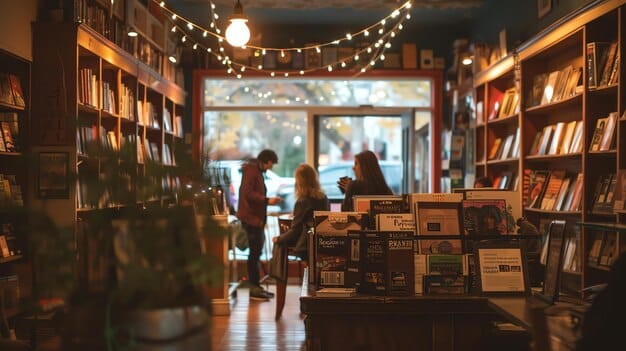 A cozy independent bookstore interior with warm lighting, shelves filled with books, and a small group of people browsing, suggesting community and discovery.
