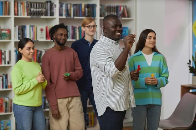 A diverse group of book club members raising their hands to signify agreement on a whiteboard displaying a list of 