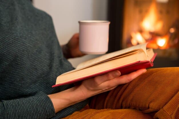 A person holding a single, open book, with a blurred background of a cozy reading nook filled with bookshelves, emphasizing personal connection to literature while also belonging to a larger community.