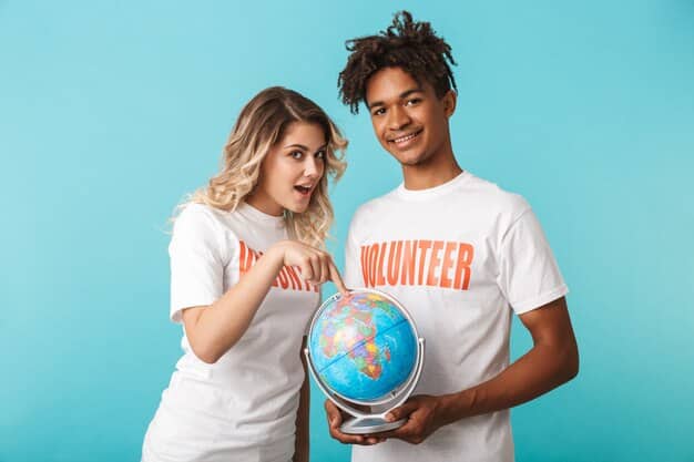 A group of diverse individuals participating in a community clean-up drive, wearing matching t-shirts that subtly feature a book symbol and a globe, signifying their book club's social mission.