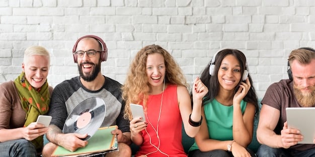 A group of friends laughing and sharing headphones, possibly listening to a podcast together, illustrating the social and communal aspect of shared audio experiences.
