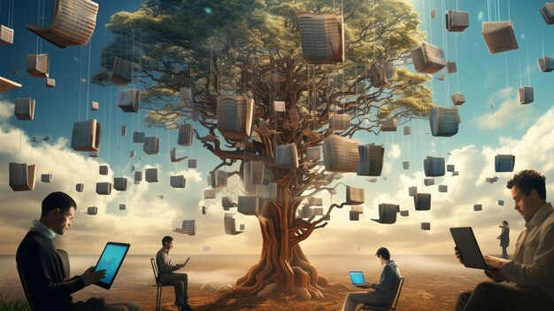 A diverse group of authors collaboratively interacting with an AI interface, symbolizing the cooperative nature of AI in writing, surrounded by digital graphs and research paper snippets.