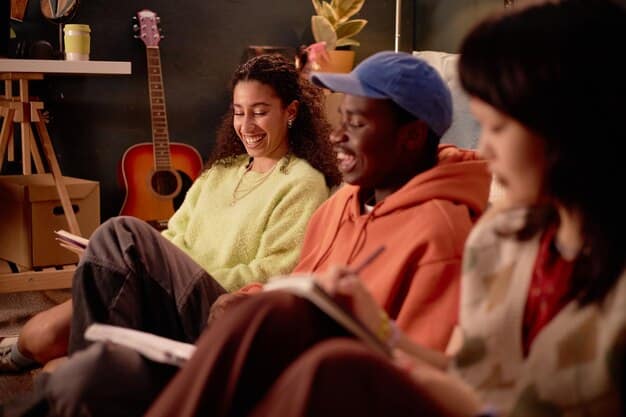 A diverse group of readers enthusiastically discussing a book in a cozy, well-lit bookstore, emphasizing community and shared passion.