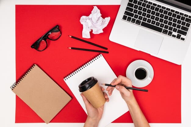 An editor's desk with a red pen marking corrections on a manuscript, surrounded by open books and coffee, emphasizing the meticulous work involved in professional editing.