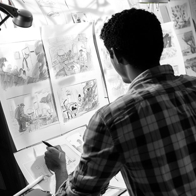 A person sketching a story board, with multiple smaller images flowing into a larger, more detailed drawing, illustrating narrative development.