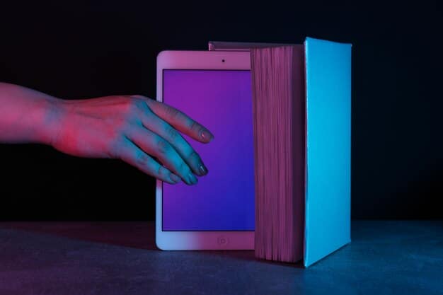 A person's hand holding a glowing tablet displaying an open book, with digital text flowing from the screen, suggesting the dynamic nature of digital reading and blurbs. The background is a soft, modern office space.