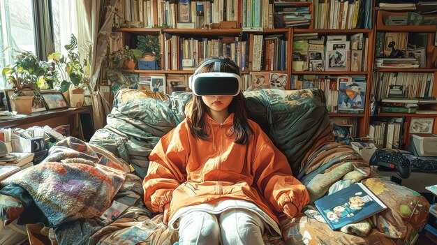 A person wearing AR glasses, interacting with holographic book covers and characters floating in their living room, representing immersive reading experiences.