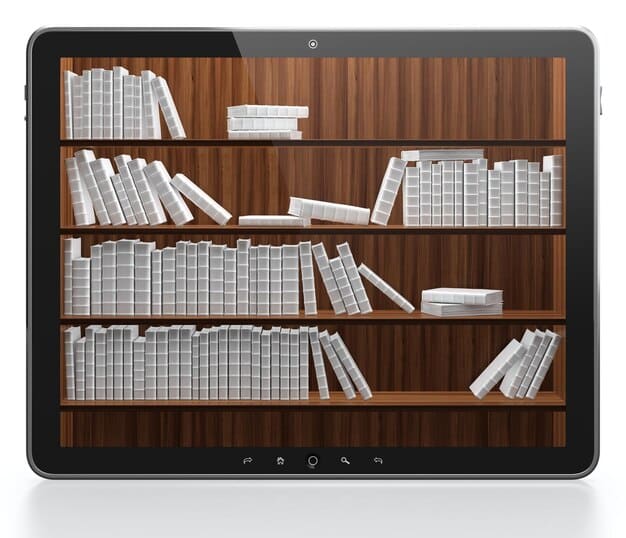 A digital bookshelf on a large tablet displaying various ebook and audiobook covers, with a subscription service overlay, signifying direct access to content.