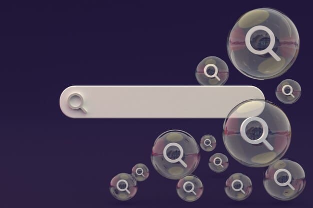 A stylized search bar on a screen, with a magnifying glass hovering over it, surrounded by keywords and content ideas, representing SEO strategy.