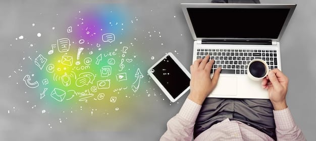 A person typing on a laptop with social media icons floating around, symbolizing digital marketing and platform building for authors.