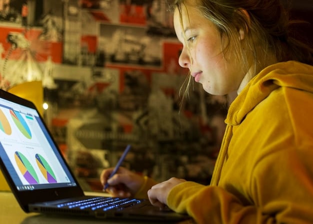 A data analyst looking at a computer screen displaying charts and graphs related to publishing trends and reader demographics, with colorful abstract book spines in the background.