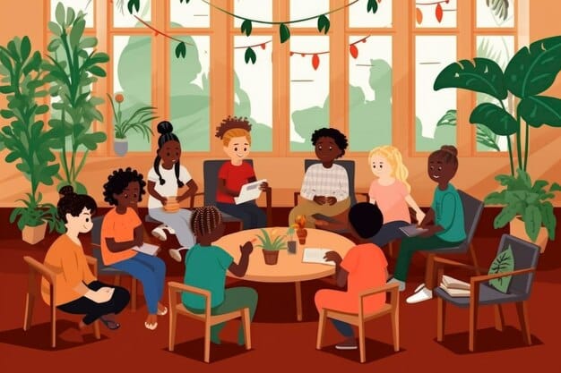 A group of book club members, diverse in age and background, animatedly discussing a book in a cozy cafe setting, with open books and coffee cups on the table.