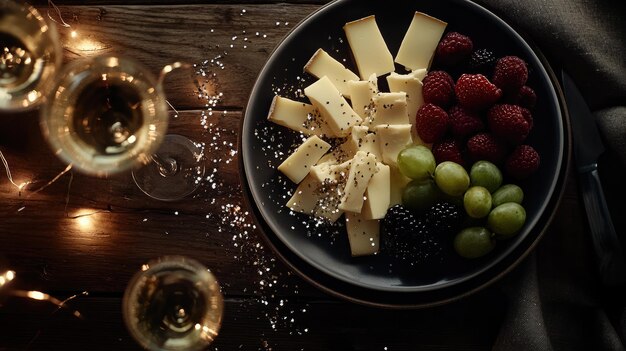 A beautifully arranged platter of gourmet cheese and crackers with grapes and nuts, suggesting a sophisticated book club snack setting.
