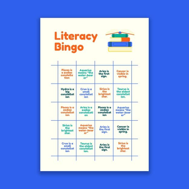 A brightly colored bingo card featuring book-related illustrations and diverse reading challenges in its squares, laid out on a table with an open book and reading glasses, suggesting engaging literary activities.