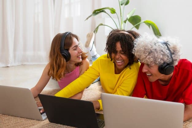 A group of diverse individuals participating in a virtual book club meeting on a laptop screen, with notes and books visible on the table. The screen shows smiling faces in a video conference grid.
